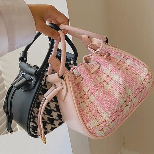 DORANMI Autumn Plaid Bucket Handbags For Women 2021 Luxury Brand Designed Top-handle Bag Female Shoulder Barrel-shape Bag SB647