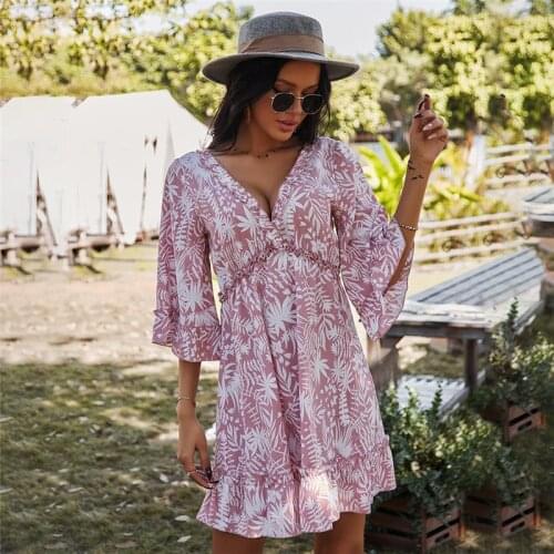 Deep V Neck Sexy Print Dress Women Loose Half Sleeve High Waist Ruffles Spring Summer Dress For Women New Fashion