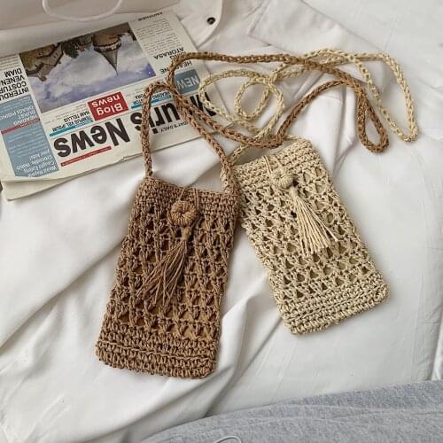Handmade Woven Straw Rope Crossbody Pouch Female Vintage Mini Straw Bag Girl Beach Single Shoulder Bag Mobile Phone Purse