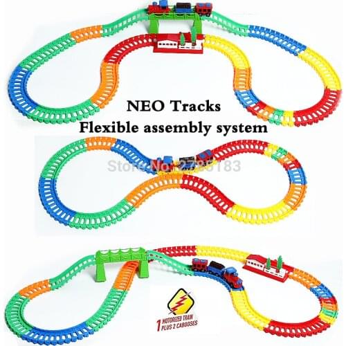 Neo Tracks Train Bend Flexible Assembly colorful train Magical Tracks System with Accessories 1 motorized train plus 2 cabooses