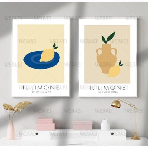 Home Decoration Poster Pastel Series of Grass In a Yellow Vase and Lemons On a Plate Canvas Painting Wall Art for Living Room