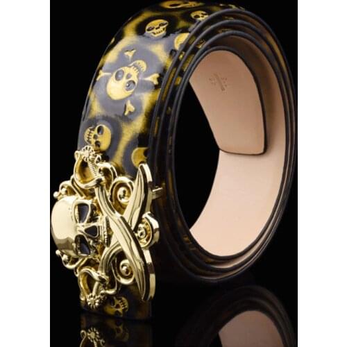 Skull Print High Quality Leather Men Belts Fashion Black Blue Yellow Golden Buckle Male Designer Belt Szie 105-125cm