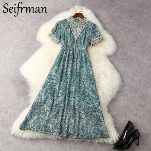 Seifrmann New 2021 Summer Women Fashion Designer Party Midi Dress Short Sleeve Hollow Out Embroidery High Waist Chiffon Dresses