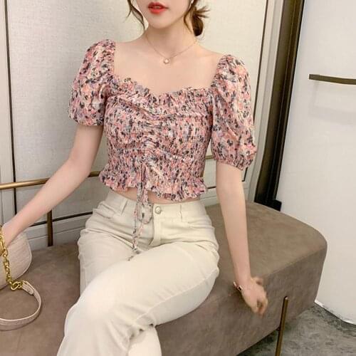 Summer Top Women Summer Sexy Off Shoulder Floral Chiffon Waist Tight Short Sleeve Crop Top Women ladies Short Sleeve Crop top