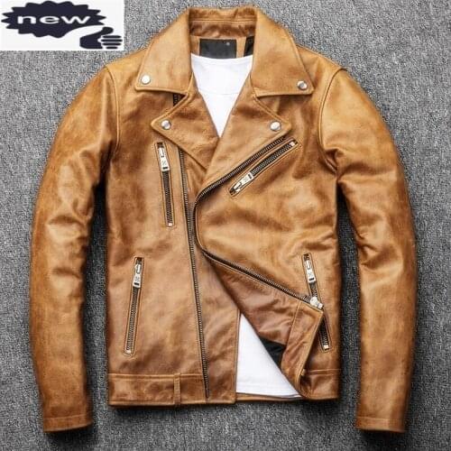 Vintage Real Biker Motorcycle Mens Zippers Slim Fit Genuine Leather Jacket Plus Size 4XL Lapel Cowhide Male Coat