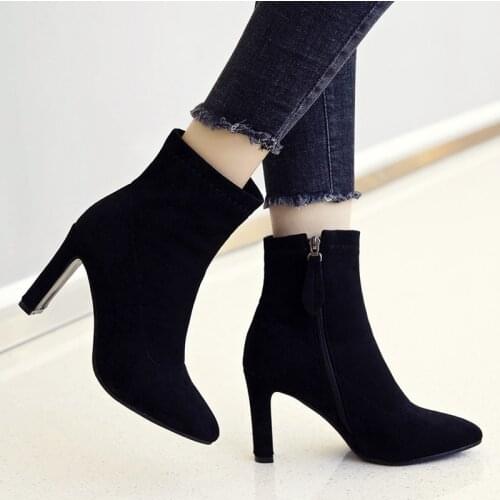 YQBTDL 2020 Winter Elegant Lady Office Black High Heel Stretch Sock Boots Faux Nubuck Suede High Heel Ankle Boots Womens Shoes