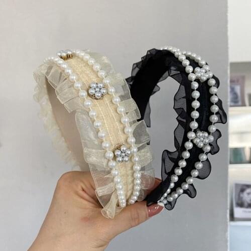 Lace pearl headbands fashion hair accessories women pleated net yarn fairy bridal pearl hairband boutique hair band headwear new