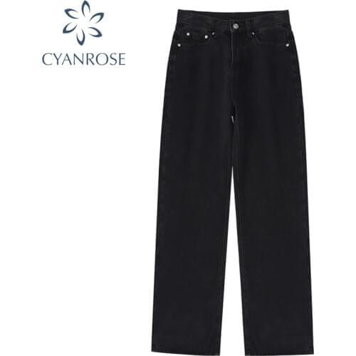 2021 Women High Waist Long Jeans Pants Pockets Zipper Female Denim Trousers Spring Vintage Simple Casual Loose Wide Leg Pants