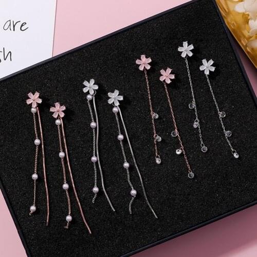 Women Faux Pearl Cherry Blossom Flower Tassel Dangle Ear Drop Earrings Jewelry