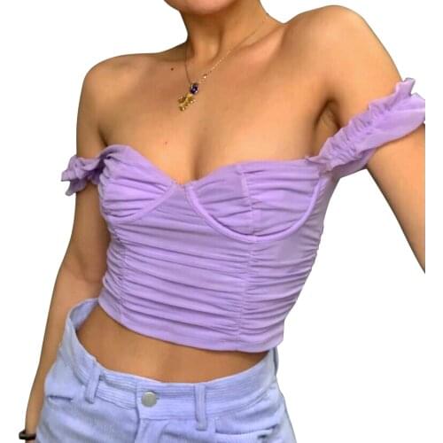 Women Ruched Crop Tops Casual Short Puff Sleeve Off Shoulder Solid Color Mesh T-Shirts