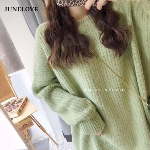 JuneLove Long Sweater Oversize Woman Korean Knitwear Elegant Loose Soft Casual Long Sleeve Basic Pullover Jumper Women Sweater