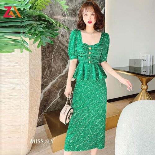 ZALady korean chic women two piece sets suits outfits elegant office green bodycon summer tops blouses and midi skirts female