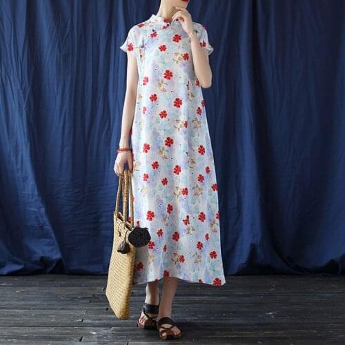 Johnature Vintage Cotton Linen Women Dress Stand Print Floral Cheongsam Summer Short Sleeve 2021 New Female Chinese Style Dress