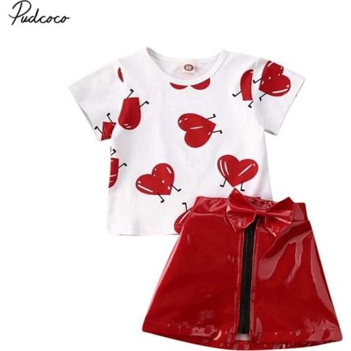 2020 Baby Summer Clothing Toddler Baby Girl Valentine Clothes Love Heart Shirt Cotton Top Bowknot Leather Skirt 2Pcs Outfit 1-5Y