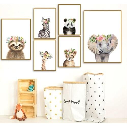 Watercolour Safari Animals Flower Crown Art Painting Baby Girls Nursery Decor Nordic Posters and Prints Pictures Kids Room Decor