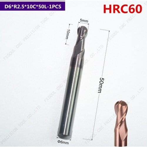 D6*R2.5*10C*50L-1PCS,Freeshipping HRC60 2 Flute ball nose CNC Tungsten carbide end mill, Tialn Coating milling cutter,spherical