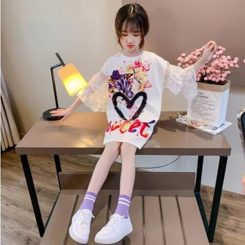 Cultiseed Big Girls Sweet Cute Cartoon Cat Letter Print Dress With Lace Flare Sleeve Children Kids Loose Casual Tees Gowns