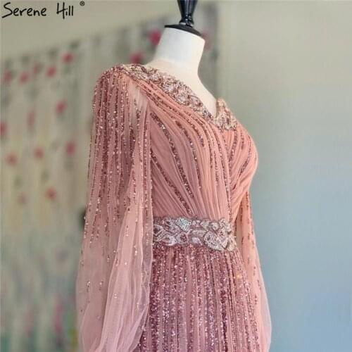 Dubai Design Pink V-Neck 2020 Evening Dresses Sequined Long Sleeves Luxury Formal Dress Serene Hill DLA60948