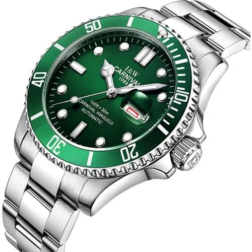 Carnival Sapphire Automatic Mechanical Watch Men silver Stainless steel waterproof green dial Watch relogio feminine