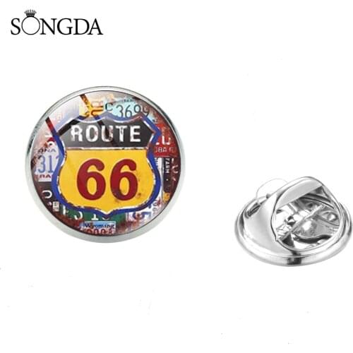 Classic US Route 66 Stainless Steel Pin Hippie Street Style Pattern Glass Dome Lapel Pins Brooch Clothes Backpack Badges