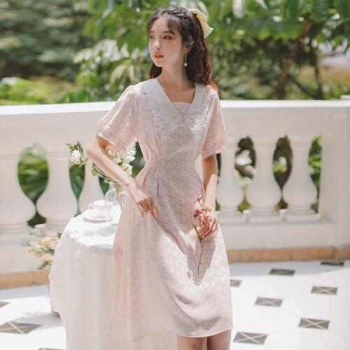Summer Floral Maxi Dress Chiffon Printed Lace Doll Collar Cute Elegant Ladies Mid-length Dress Vestido de mujer