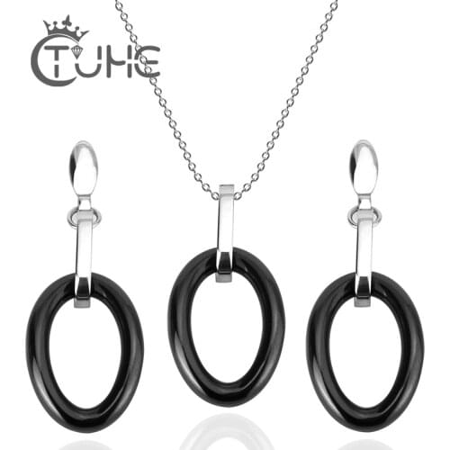 Fashion Long Round Earring and Long Chain Pendant Necklace Jewelry Sets Black Ceramic Women Set Jewelry for Women Simple Style