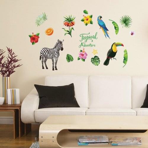 Zebra Parrot Tropical Plant Animals Wall Stickers For Home Decor Cartoon Safari Mural Art Diy Kids Room Bedroom Wall Decals