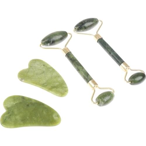 Natural Gua sha Jade Stone Massage Roller + Guasha Board SPA Scraper Stone Facial Massager Set