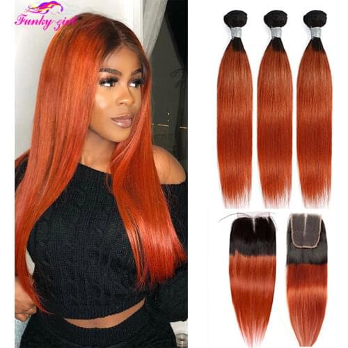 Orange Straight 4x4 Lace Closure With Bundles Brazilian Ombre Hair Weave Burgundy Bundles With Closure Remy Human Hair For Women