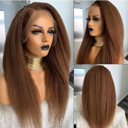 Middle Part Brown Yaki 26 Inch Long Kinky Straight 180%Density Synthetic Lace Front Wig for Black Woman Babyhair Preplucked Soft