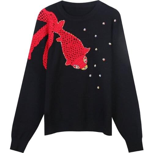 2021 trend fashion women sweaters and pullovers spring autumn jumper long sleeve knit tops o-neck jersey fish embroidery beading