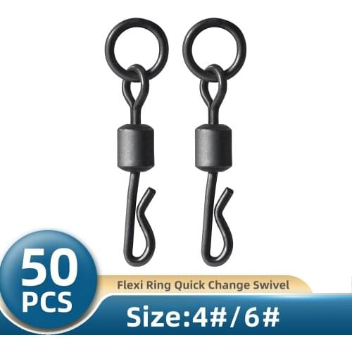 TIANNSII 50pcs Fishing Connector Quick Change Fishing Swivels Flexi Ring Swivels with Ring Matt Black Hook Lure Carp Accessories