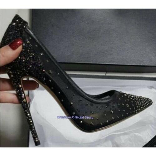 12cm Heeled Black Mesh Bling Crystal Thin High Heel Pumps Pointy Toe Slip on Ladies Dress Shoes Designer High Heel Shoes Mujer