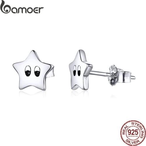 Bamoer 925 Sterling Silver Twinkle Little Star Stud Earrings for Women Female Hypoallergenic Stud Jewelry for Girl Gifts SCE796