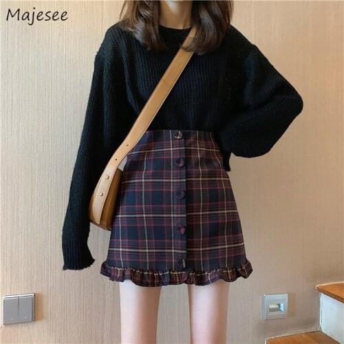 Women A-line Mini Skirts Plaid Button Ruffles Vintage High Waist College Students Girls Sweet Preppy Korean Style Casual Fashion