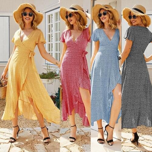 2021 New Womens Polka Dot Print Dress V-Neck Ruffled Beach Skirt