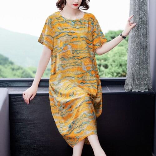 Summer Print Casual 5XL Plus Size Ramie Sundress 2021 Korean Vintage Yellow Midi Dresses Women Bodycon Elegant Party Vestidos