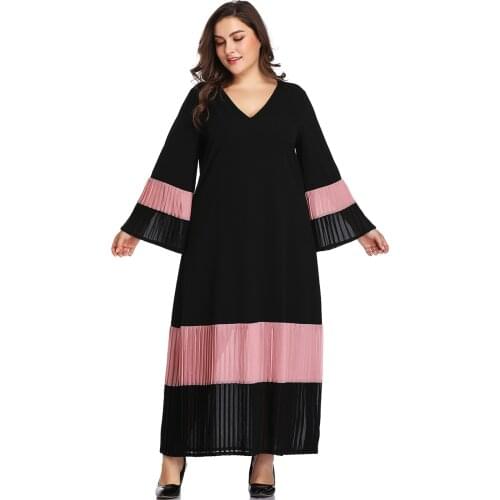 Women Plus Size 5XL Women Clothing Casual Dress V Neck Long Sleeve Contrast Pleated Vintage Elegant Long Party Dress Femme