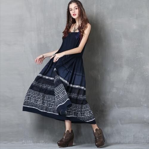 Womens Dresses New Arrival 2019 Suspender Embroidery Pleated Long Dress Vintage Ladies Navy Blue Ethnic Retro Dress 2019 AA4791