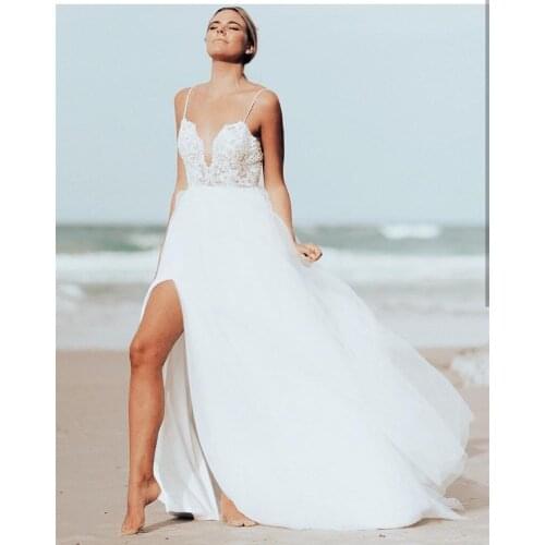 2021 Wedding Dress A-Line Spaghetti Straps Sweetheart Side Split Lace Appliques Backless Floor Length Sweep Train Bride Gown