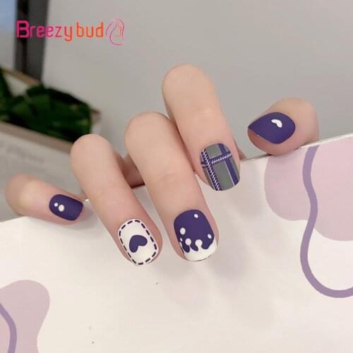 24PCS Cute Graffiti False Nails 3D Bowknot Full Cover Nail Tips With Glue Press on Fake Nail Art Tool Fingernails Decoration