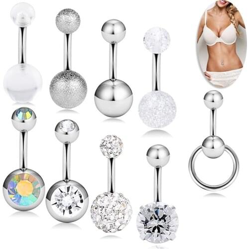 9Pcs 14G Dangle Belly Button Rings Clear Diamond CZ Surgical Steel Short Navel Barbell Piercing for Women Girl Bar Body Jewelry
