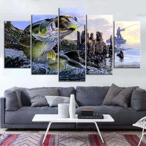 Abstract Canvas Wall Art Oil Poster Wall Modular Pictures 5 Panel Animal Huge Fish For Living Room Home Interior decoration pain
