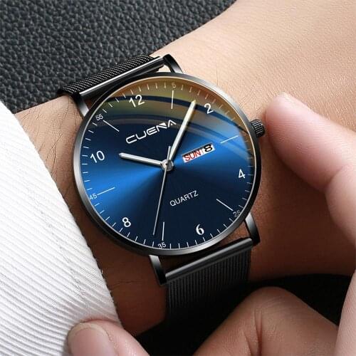 CUENA Fashion Simple Mens Stainless Steel Magnetic Net with Calendar Simple Casual Quartz Watch Casual Wrist Watch Clock