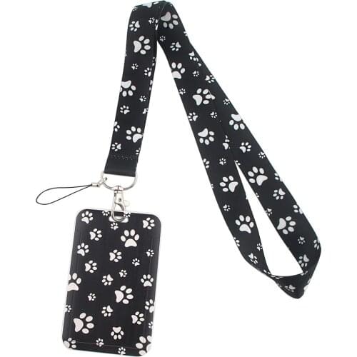 ER624 Black Puppy Paw Prints Lanyards Id Badge Holder Keychain ID Card Pass Gym Mobile Badge Holder Lanyard Key Holder