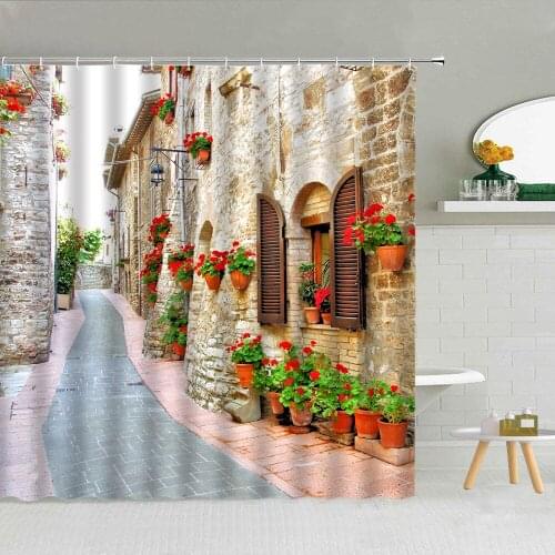European Architecture Landscape Shower Curtain Stone Wall Flower Green Leaf Fabric Bathroom Supplies Hanging Curtains With Hooks