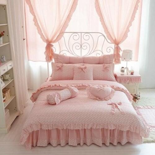 Cherry Printing 100 cotton bedding sets king queen size Bow design quilt cover Ruffles bedspread bed linen pillowcases 4/6/8PCS