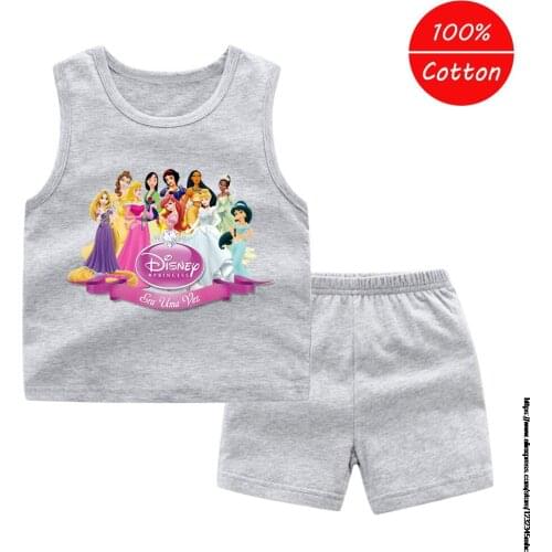 Disney Princess Brand Summer Childrens Cotton Suit Children Vest and Shorts Childrens Clothing Set Girls Boys Sets