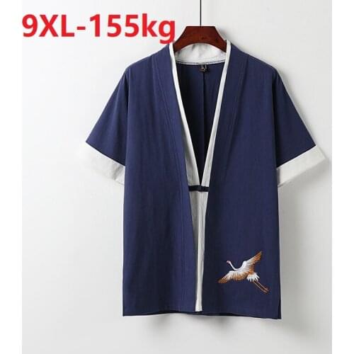 Summer men japanese style shirts home wear Short Sleeve linen cotton embroidery crane Comfortable plus size 8XL 9XL 68 70 shirtS