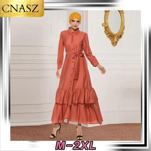 Muslim Dress Dubai Turkey Elegant Fashion Lapel Waistband Stitching Big Swing Cardigan Dress Arab Islamic Casual Long Skirt